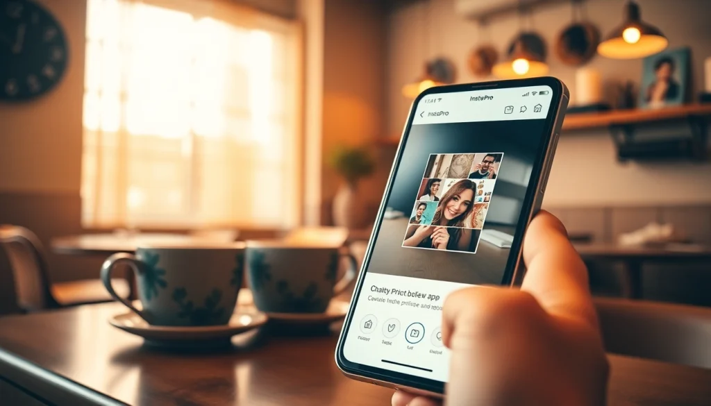 InstaPro app interface displayed on a smartphone in a cozy café setting.