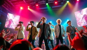 BTS members performing energetically on stage with vibrant lighting and a cheering crowd.