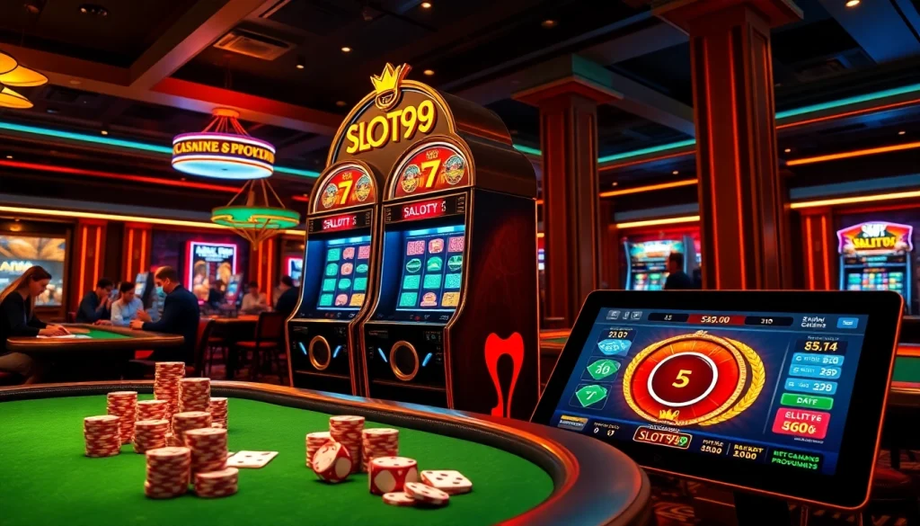 SLOT99 branded slot machine in a luxurious casino setting with vibrant tables and inviting ambiance.