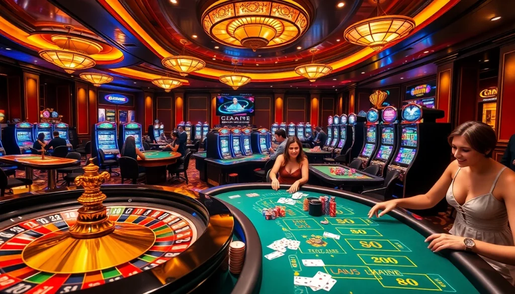 LC88 casino scene with players enjoying various gambling activities like poker and roulette.