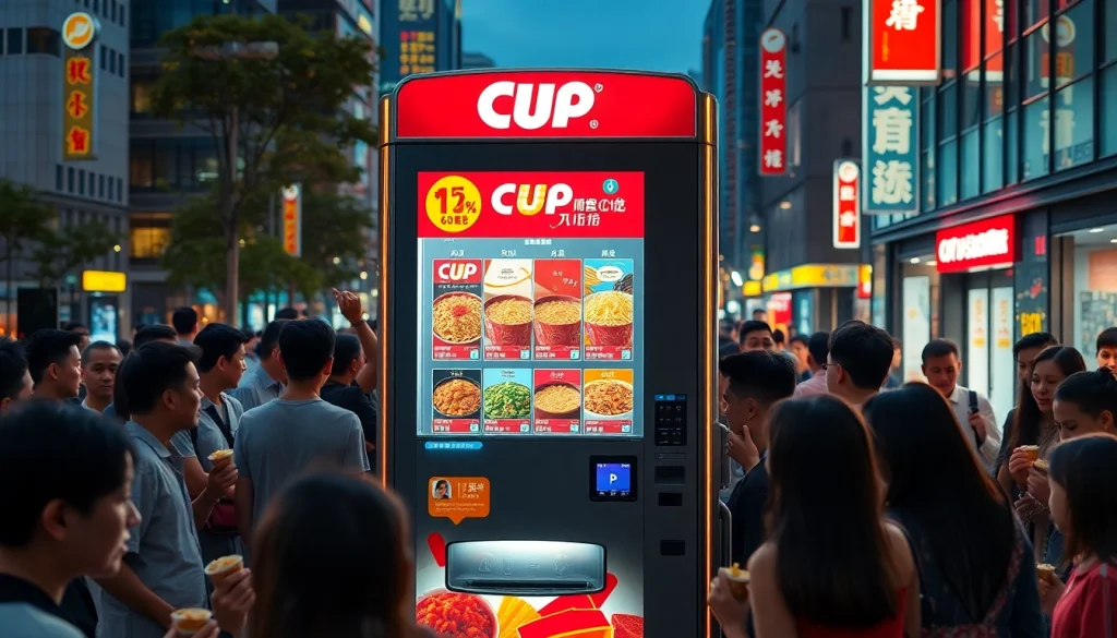 Cup noodle vending machine showcasing diverse noodle options in an urban setting, emphasizing convenience and modern dining.