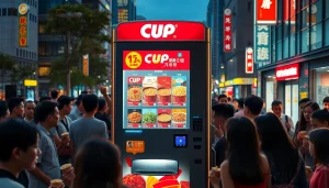 Cup noodle vending machine showcasing diverse noodle options in an urban setting, emphasizing convenience and modern dining.