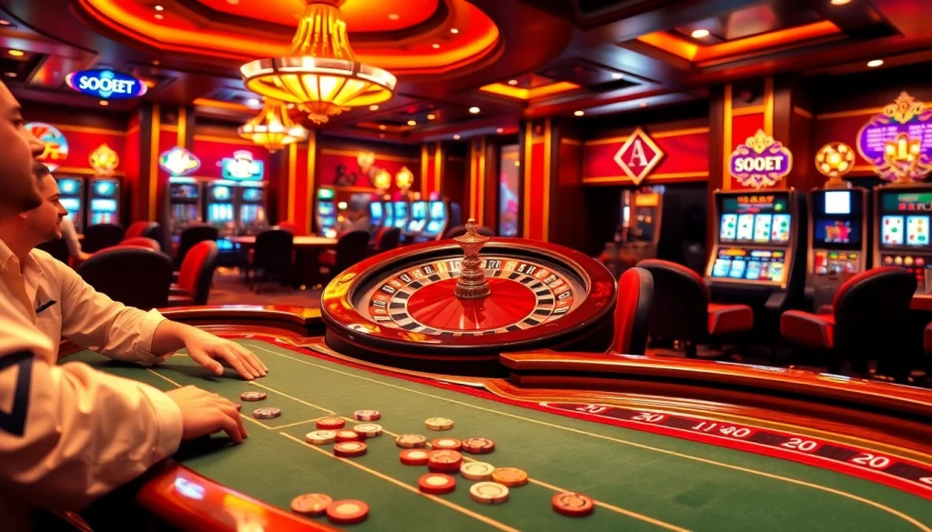 Sbobet players excitedly gamble at a luxury poker table surrounded by roulette and slot machines.