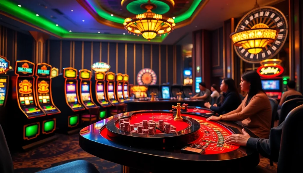 IDNslot gaming table with vibrant slot machines and poker chips, showcasing excitement.