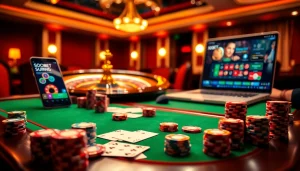 Engage in thrilling gameplay with sbobet link alternatif at an upscale casino table featuring poker chips and cards.