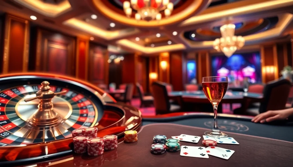 Trải nghiệm trò chơi đầy kịch tính tại https://luck8.net với cảnh casino sống động có bàn roulette và bàn poker.