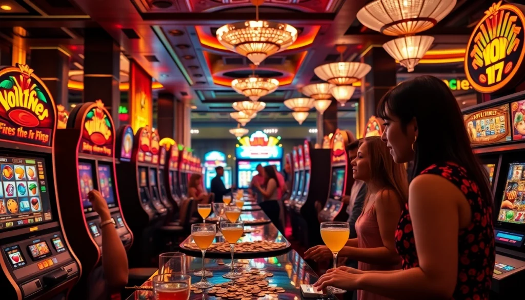 Players celebrating their winnings at slot777 machines in a luxurious casino.