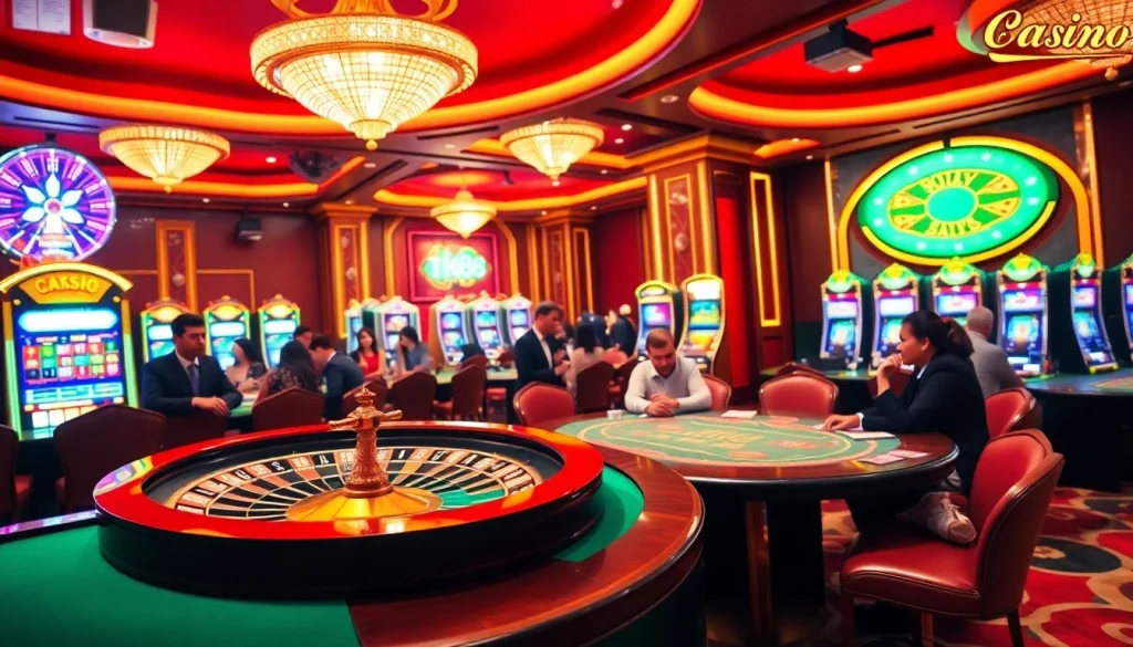 Thrilling gameplay at TK88 casino with vibrant roulette wheels and poker tables.