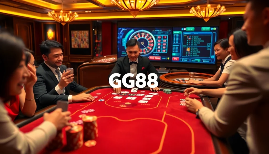 Experience a thrilling Blackjack game at https://gg88.co.com/ with players enjoying vibrant poker chips and a roulette wheel in the background.