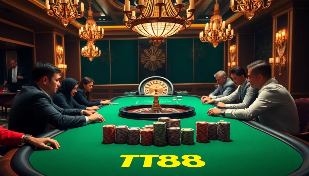 Engage with TT88 poker excitement at a luxurious casino gaming table with vibrant chips.