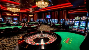 Players enjoy thrilling games at k9k9 casino, showcasing dynamic poker tables and slot machines.