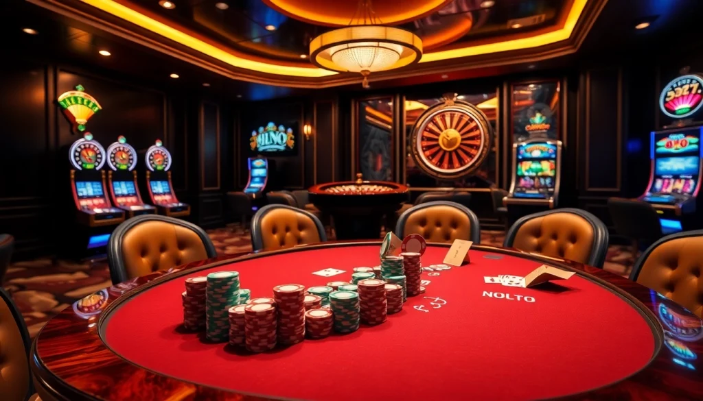 Players at nhà cái 88t exciting poker table, showcasing skills amidst vibrant casino decor.