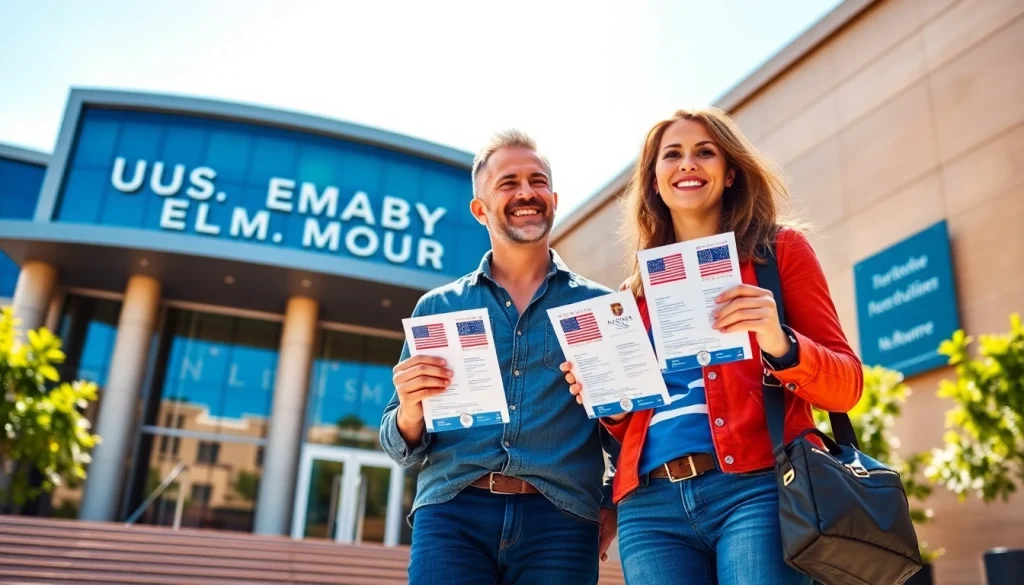 Australian couple celebrating their tourist visa USA from Australia outside the U.S. Embassy in Melbourne.