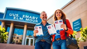Australian couple celebrating their tourist visa USA from Australia outside the U.S. Embassy in Melbourne.