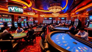 Experience the thrill of MV88 in a luxurious casino scene featuring high-stakes games and slot machines.