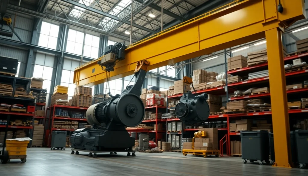 Efficient bridge crane lifting machinery in an industrial warehouse.
