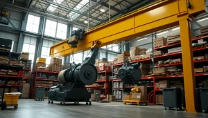 Efficient bridge crane lifting machinery in an industrial warehouse.