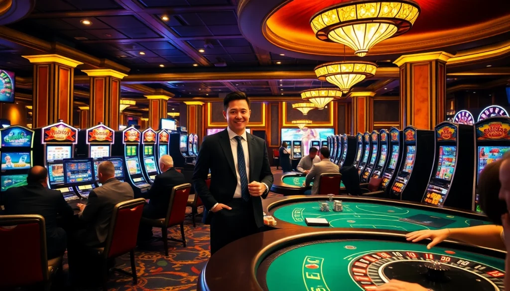 A migration agent in Australia advises gamblers at a vibrant casino, embodying professionalism and opportunity.