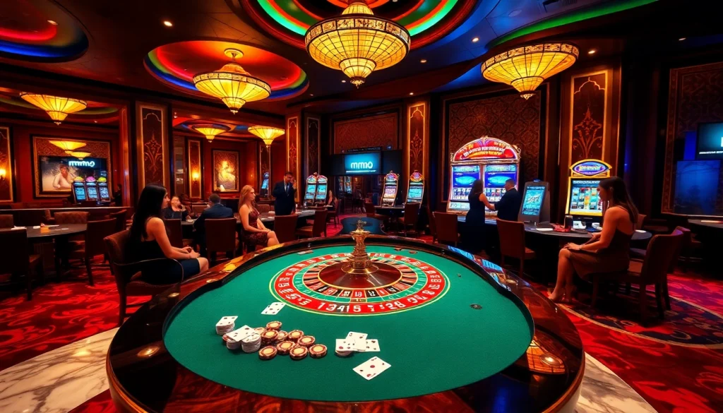 Engaging gamblers at MMOO casino table with poker chips and cards.