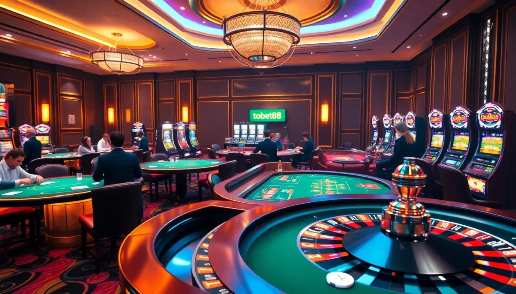Tobet88 poker action with vibrant casino tables and roulette wheel in an exciting atmosphere.