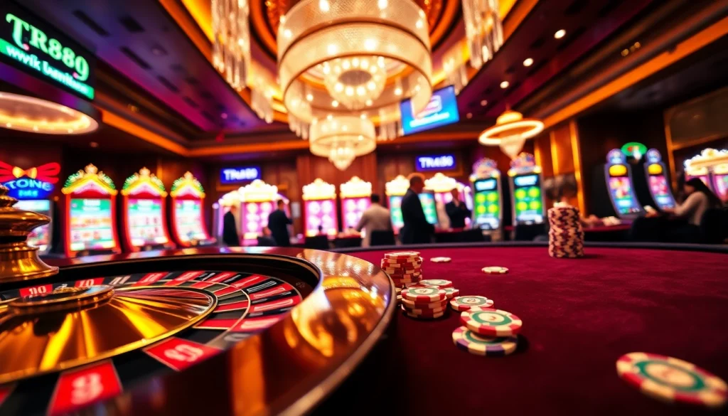 Experience thrilling gameplay at the luxurious casino featuring website TR88 with vibrant slot machines and roulette.