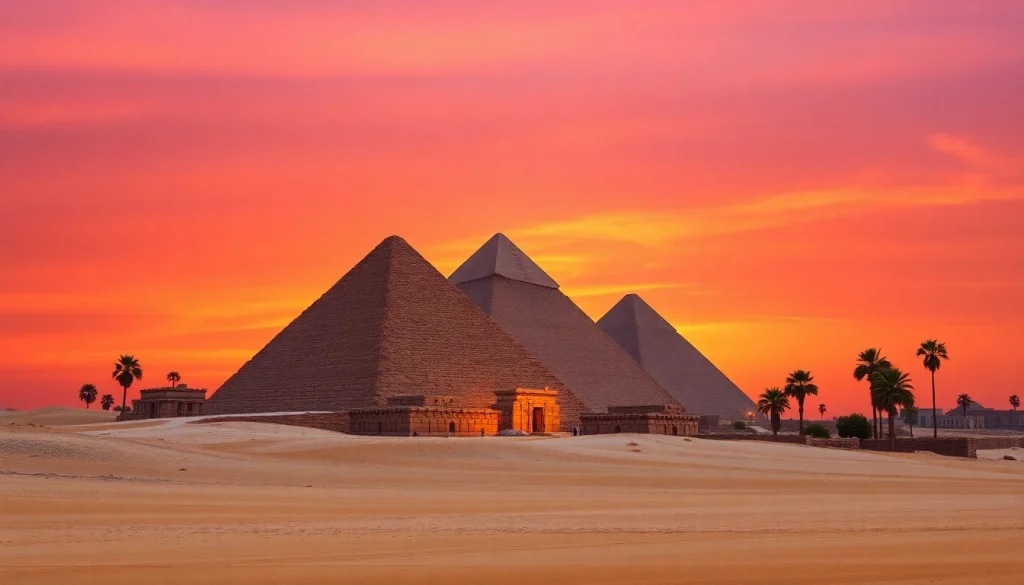 Explore the Great Pyramids of Giza at sunset, showcasing their historical grandeur on https://piraminds.com/.