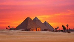Explore the Great Pyramids of Giza at sunset, showcasing their historical grandeur on https://piraminds.com/.