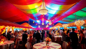 Vibrant Las Vegas Party Rentals scene with colorful tents and decorations, showcasing a lively celebration atmosphere.