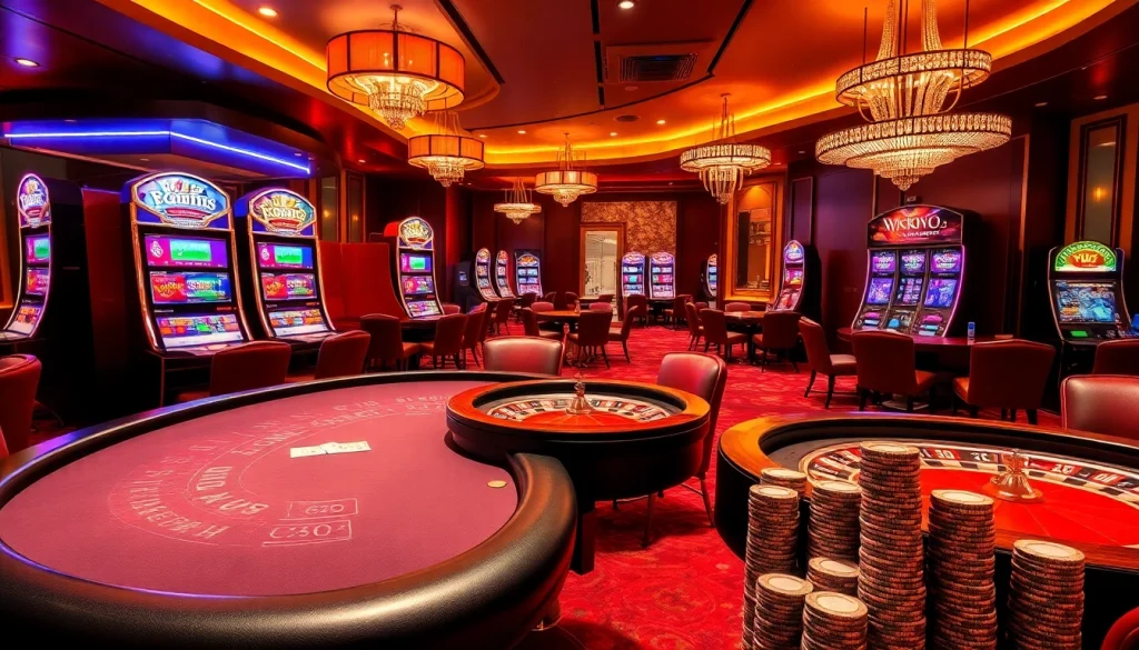 K9k9 casino vibrant poker table and slot machines creating an engaging gambling experience.