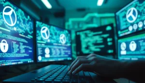 The hidden wiki concept illustrated with a person typing on a keyboard surrounded by Tor and digital security icons in soft hues.