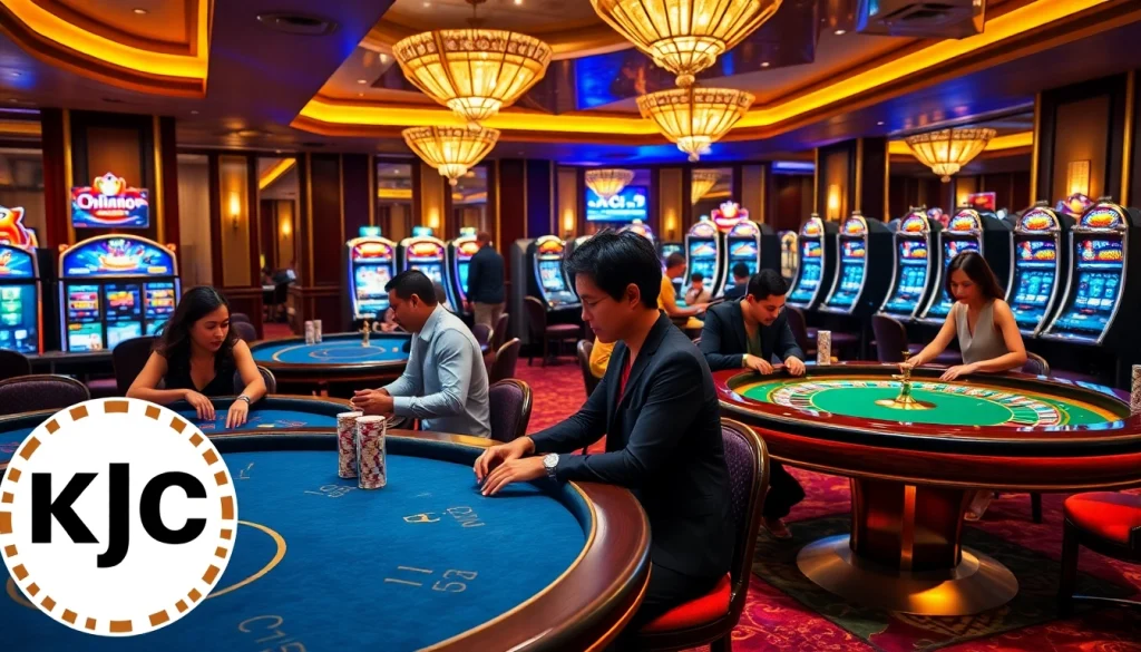 Experience thrilling gameplay with KJC-branded poker chips and vibrant casino tables.