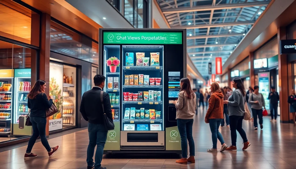 Innovative vending machine manufacturers showcasing advanced smart retail products in an urban setting.