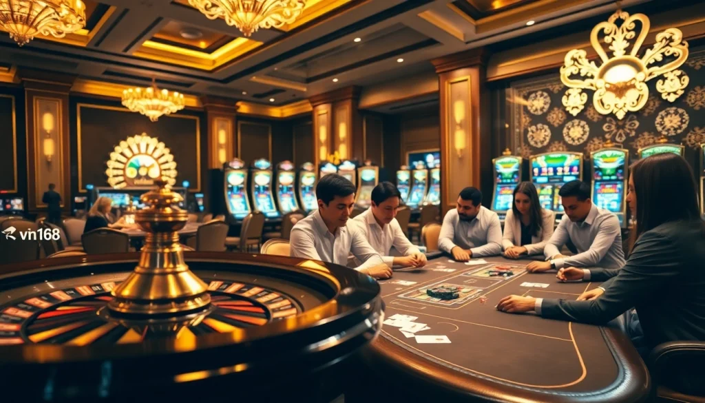 Experience vibrant excitement at the casino with vn168-themed poker and roulette tables.