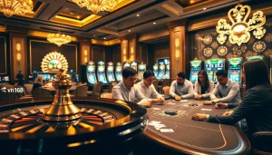 Experience vibrant excitement at the casino with vn168-themed poker and roulette tables.