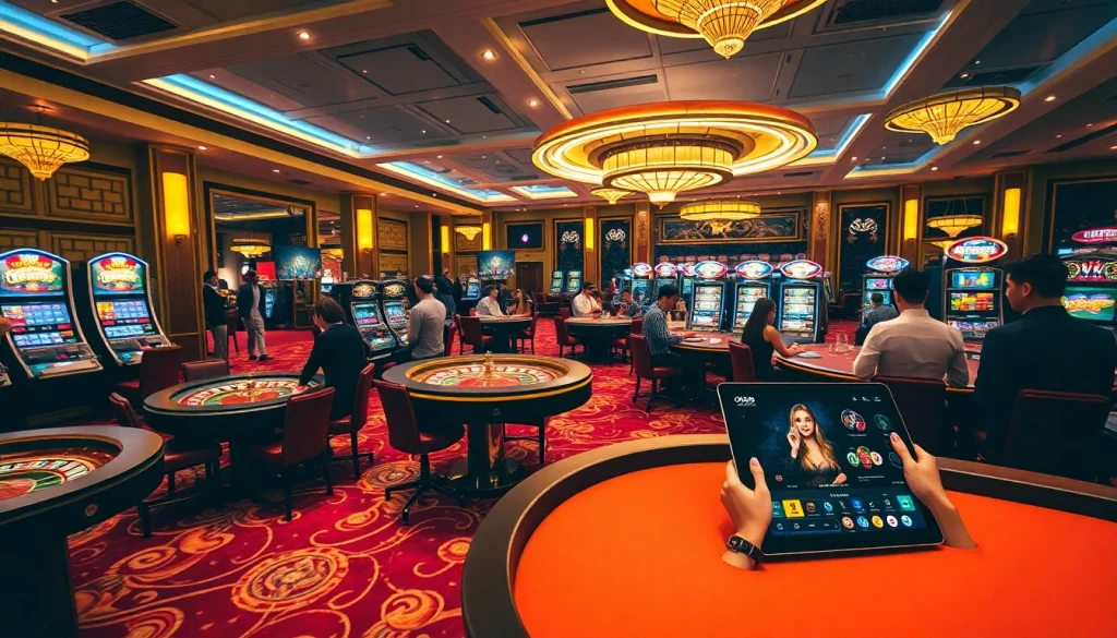 Players enjoying exciting gambling experiences at OK88 casino, featuring vibrant games and luxury atmosphere.