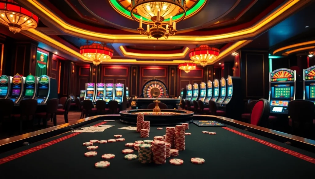 Thrilling moment at thabet77org casino with vibrant poker chips and cards on the table.