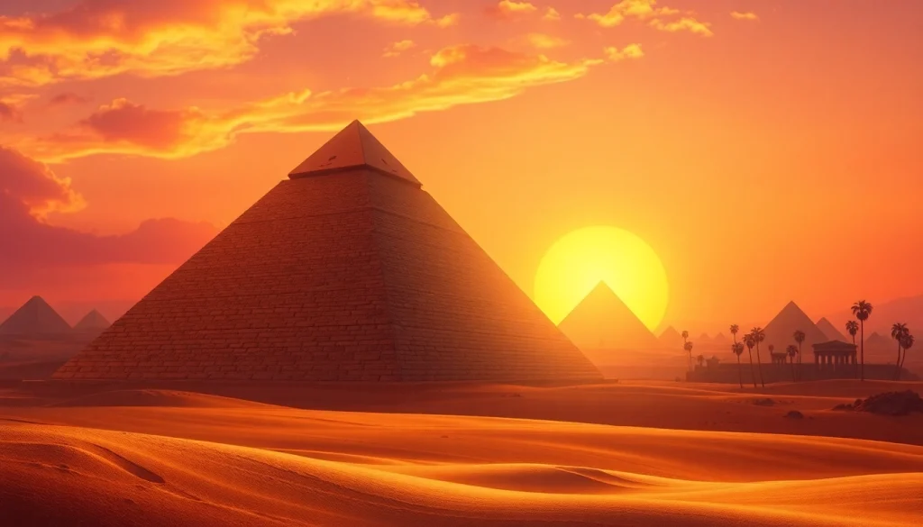 Visit https://piraminds.com/ to discover the majestic Great Pyramid of Giza against a stunning sunset backdrop.