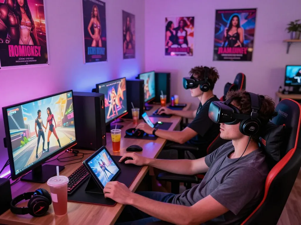 Group enjoying sex simulator games in a vibrant gaming lounge with modern devices.