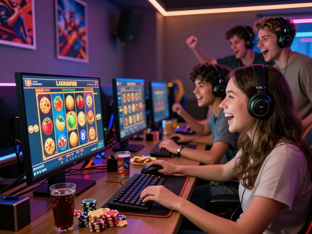 Teman-teman beragam menikmati permainan slot online LAOBAN188 di ruang permainan yang meriah.