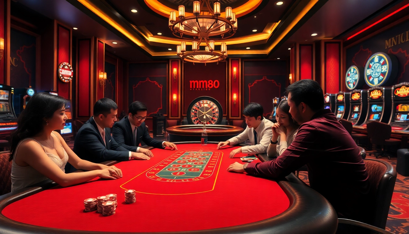Exciting poker table scene at mm88 casino, showcasing vibrant chips and gamblers in action.