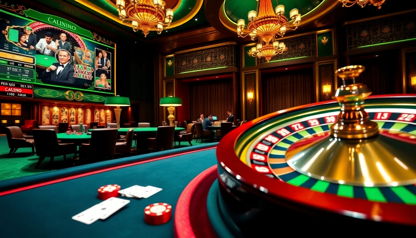 Vivez l'action à enjeux élevés dans cette scène dynamique de casino en ligne avec poker et roulette.