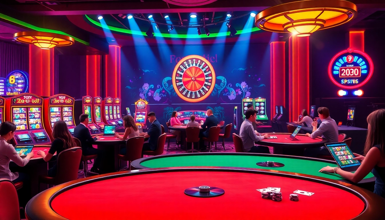 Une scène de casino en ligne animée avec des tables vibrantes, des machines à sous et des joueurs immergés dans l'action.