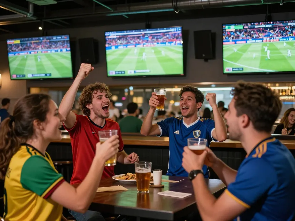 Socolive fans cheering while watching live sports in a vibrant bar, creating an excited atmosphere