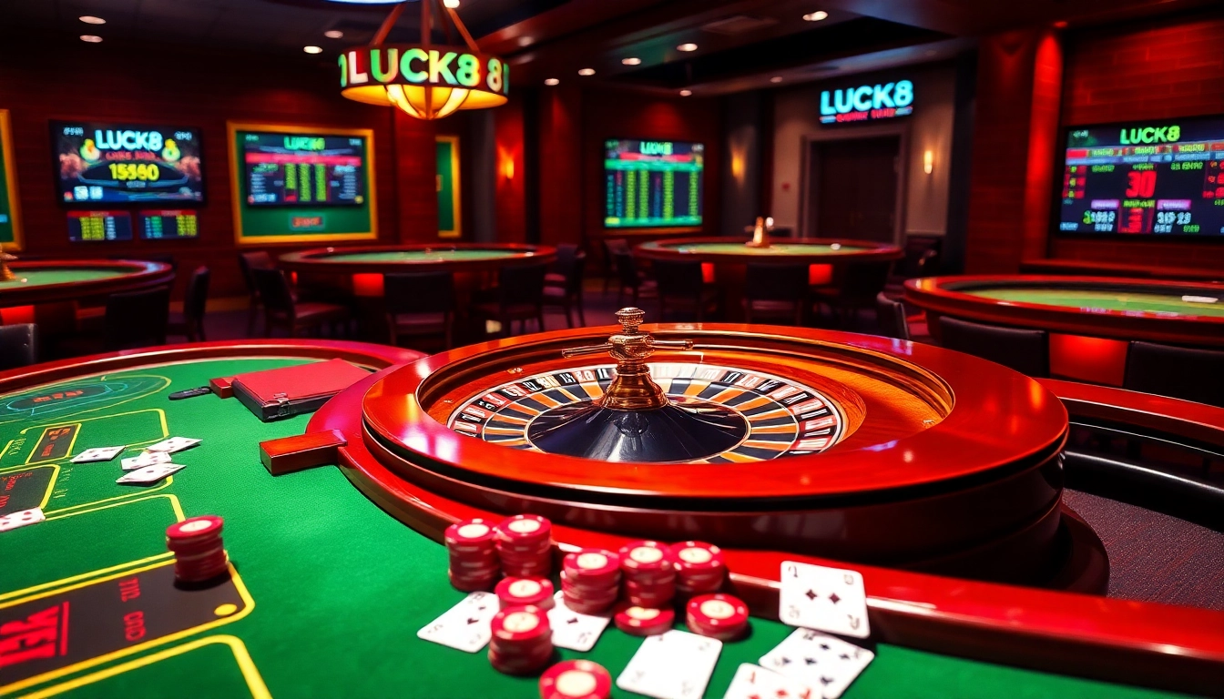LUCK8 casino scene with roulette wheel, poker chips, and lively ambience.