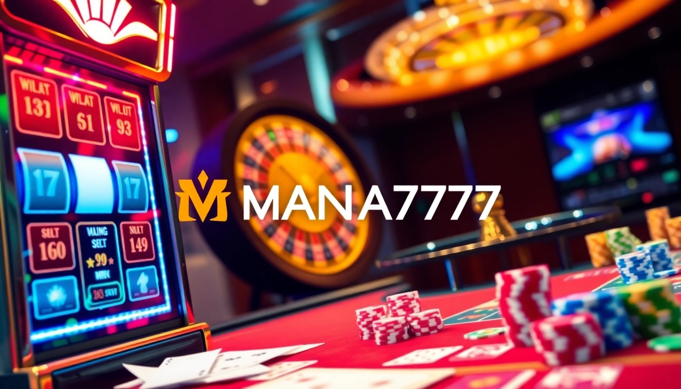 Experience the excitement of MANA777 as players engage with vibrant slot machines and casino tables.
