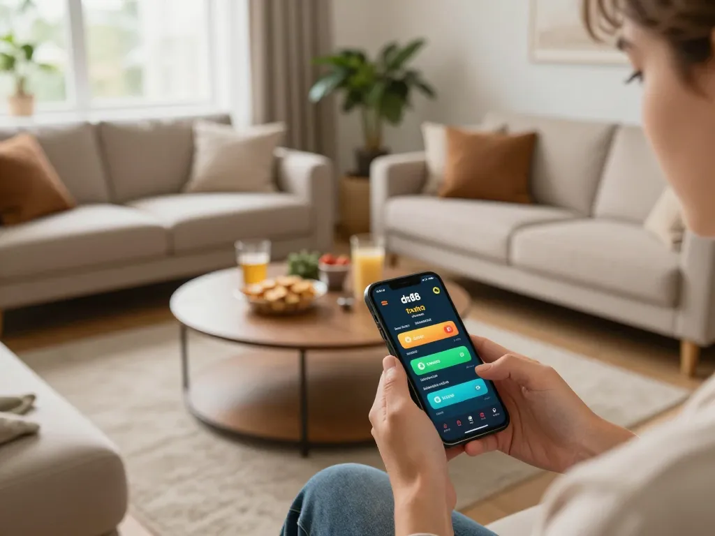 Player navigating dn88 casino app on smartphone in a cozy living room setting, showcasing live betting interface