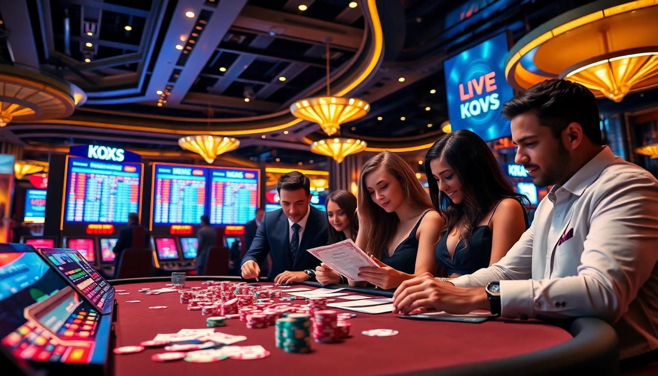 KQXS players analyzing their lottery tickets in a luxurious casino setting, highlighting excitement and winning opportunities.