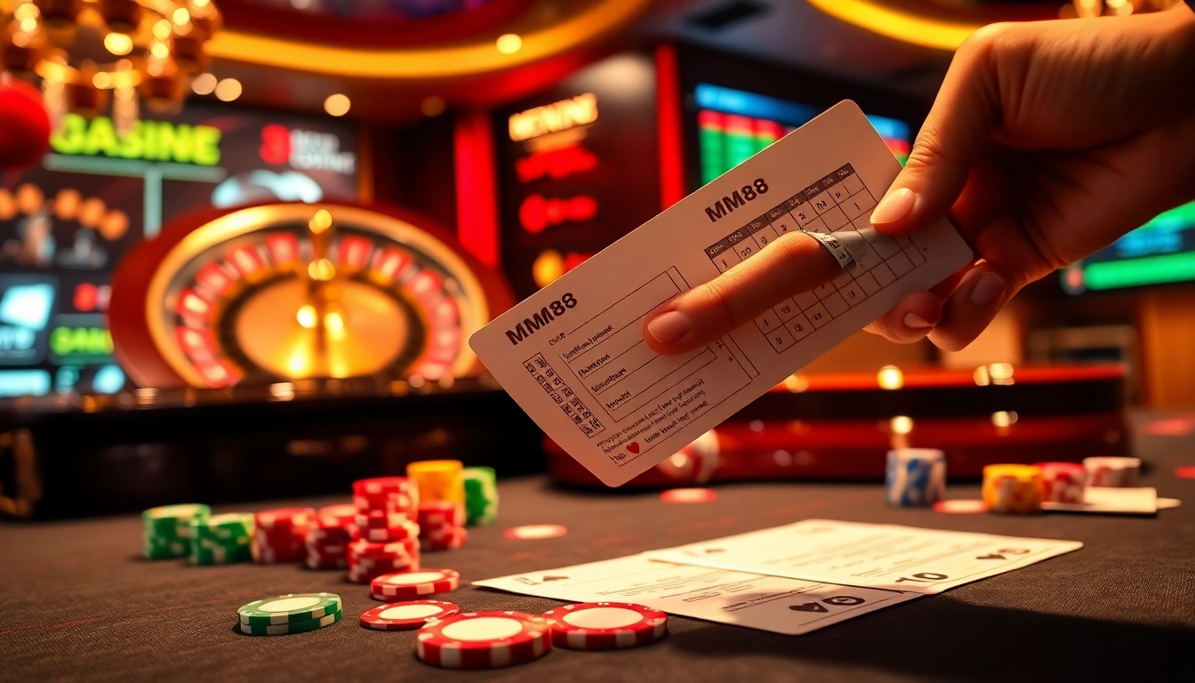 Experience the thrill of online gambling with MM88 at a vibrant casino table.
