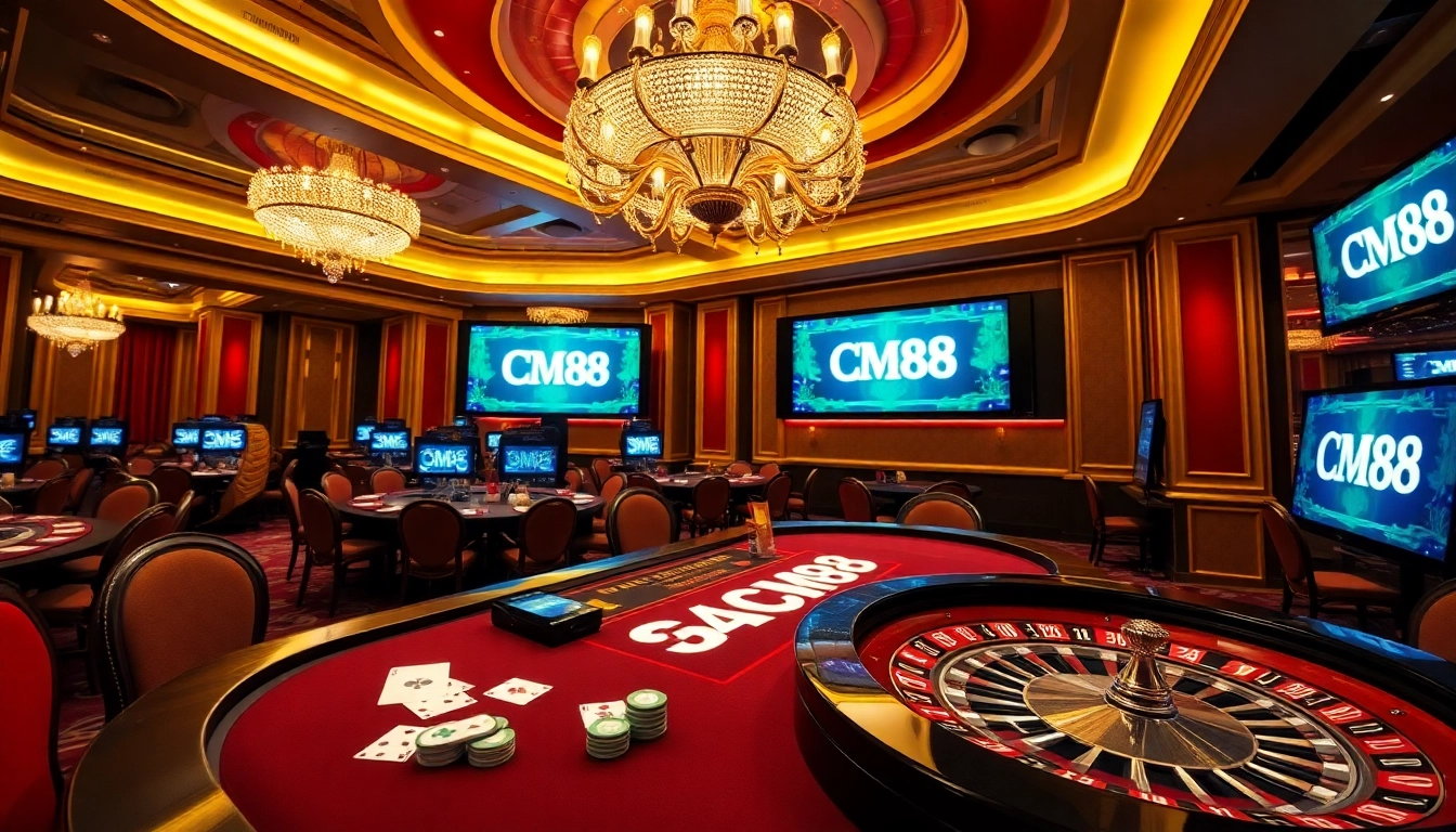Experience the excitement of CM88 with vibrant gambling scenes featuring poker and roulette.