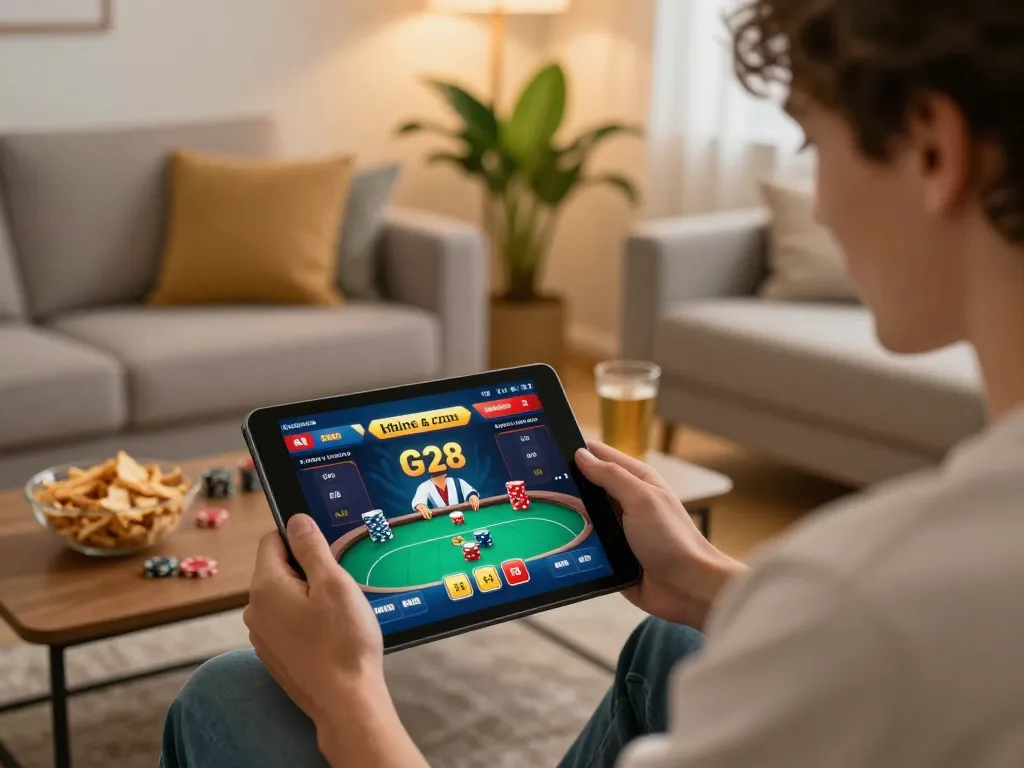 Player enjoying online gaming experience on g28 com with tablet and cozy ambiance